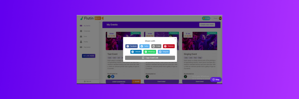 share your scheduled event everywhere flutin live event