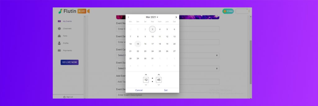 schedule your event on flutin live