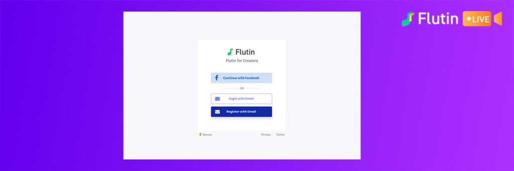 signing up on flutin live live streaming tool