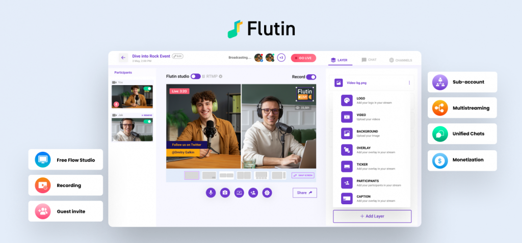 Flutin the live streaming and multistreaming platform. It supports RTMP feature that can be used with Streamlabs and OBS